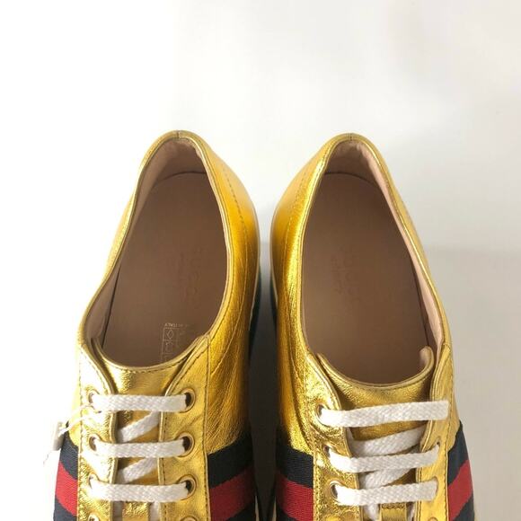 Gucci Peggy Rainbow Stripe Metallic Gold Platform Sneakers 39 - Picture 5 of 12